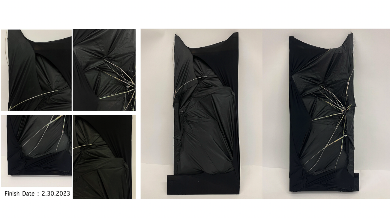 Photo collage of structure wrapped in black fabric and tied closed, text 'Finish Date 2.30.2023'