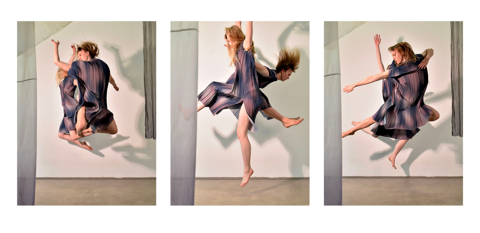 dancers jumping in costume in a trio of images 