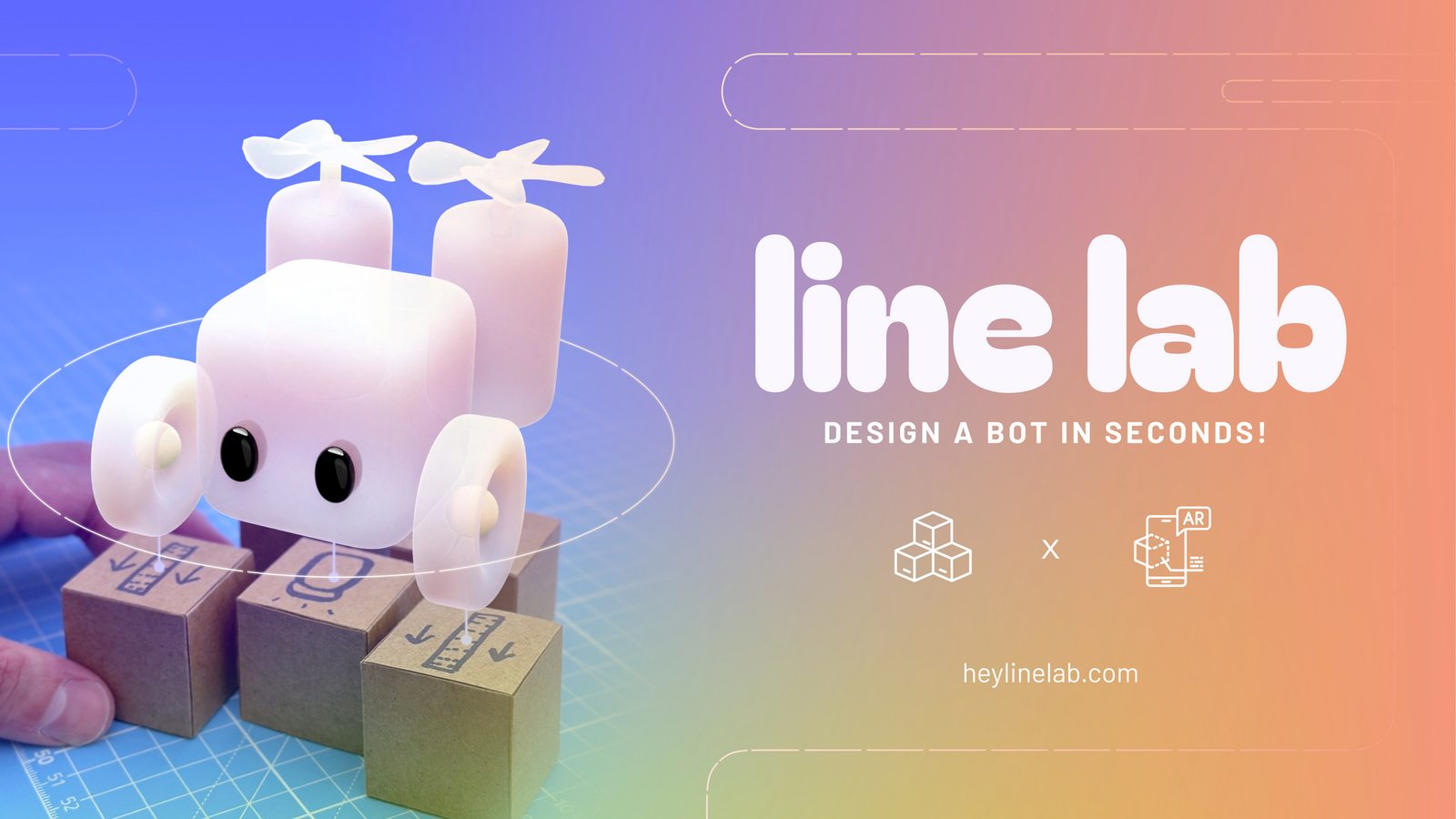 An augmented reality robot on top of paper cardboard cubes, next to the words "Line Lab"