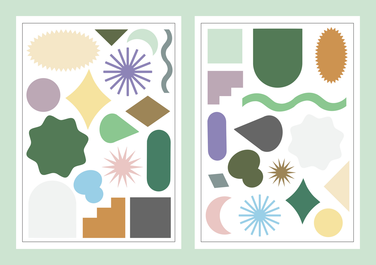 An image showing two custom Shape Play sticker sheets. The shapes are in mainly pale and pastel colors, and range in size.