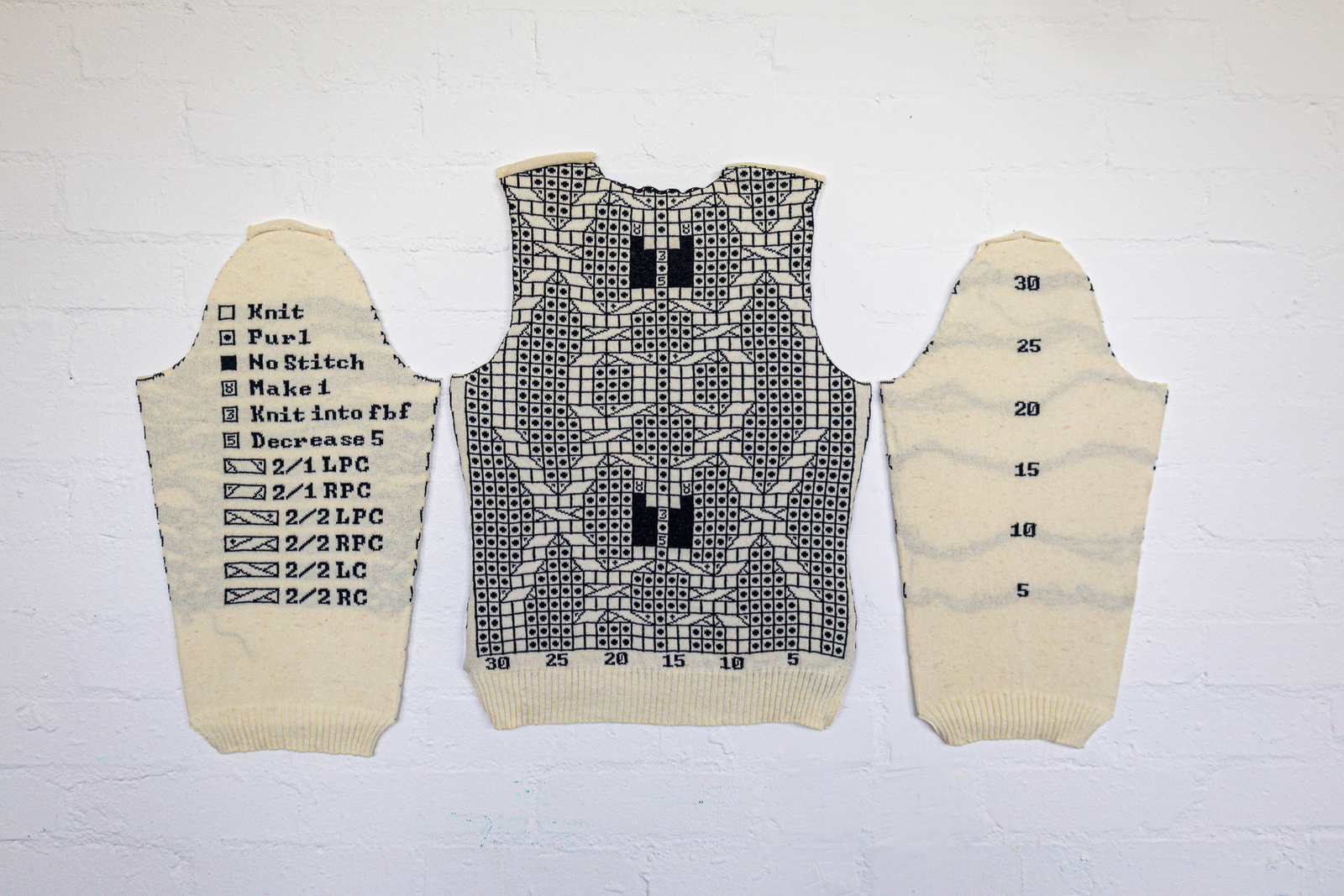 Machine knitted, shaped pattern pieces with gridded images on top