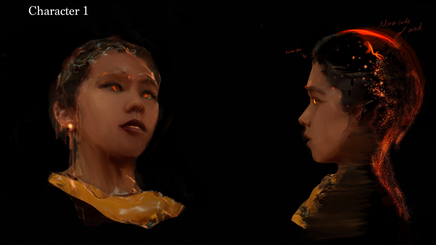 Black background, two computer generated women's heads coated in a liquid substance, soft edges, gold tones and red eyes, 'Character 1' text at top