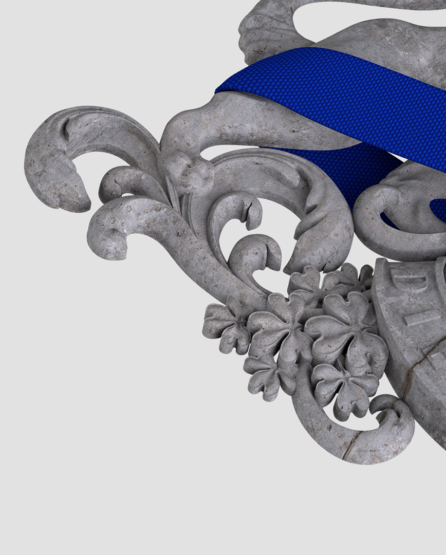 RCA crest rendered in 3D to look like it is made from stone