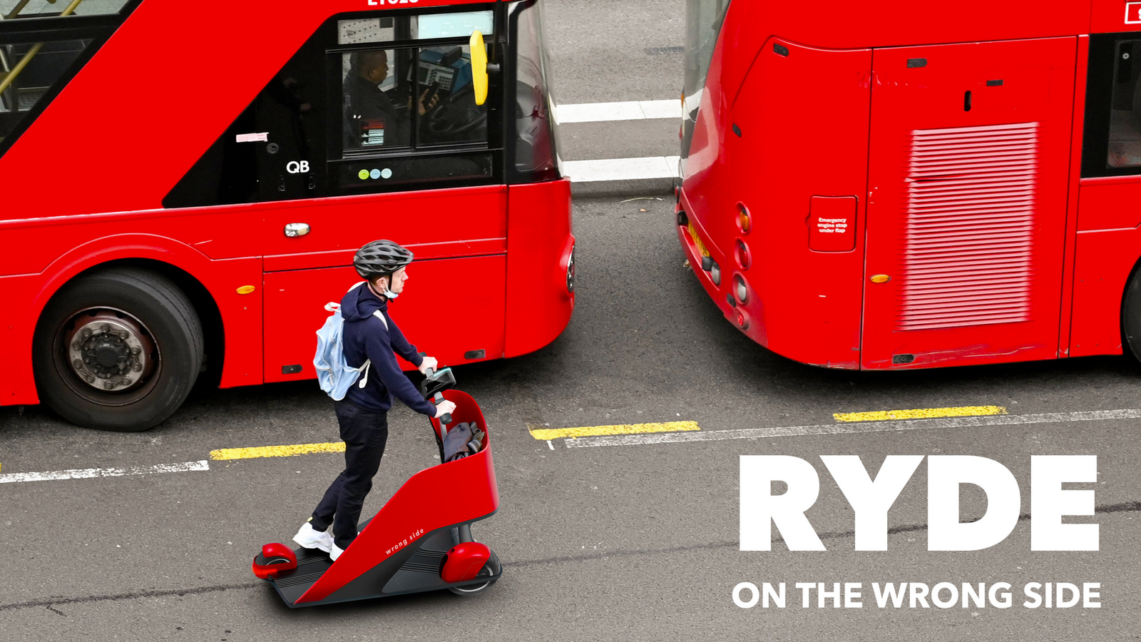 man riding a 3-wheel red scooter in front of London buses