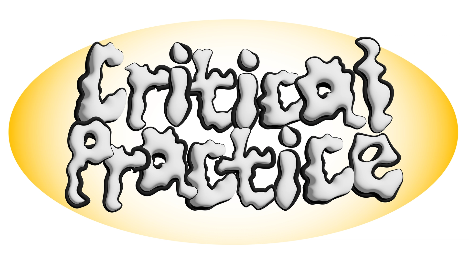 The words Critical Practice in white with black outline, on an ombre yellow oval background