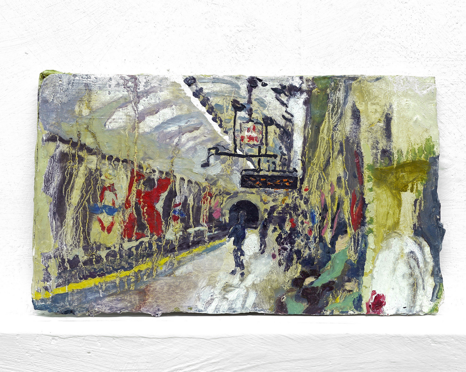 Melted drippy painting depicting undderground train platform landscape