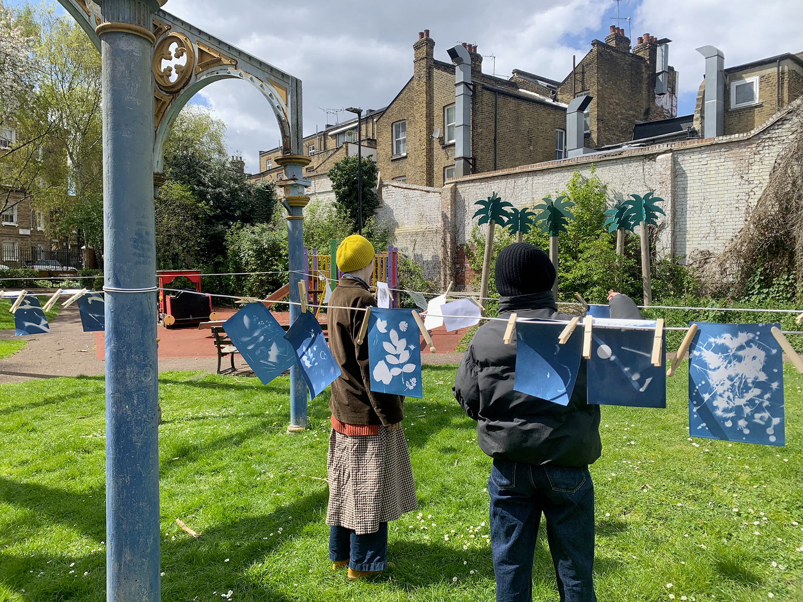 We hang all our cyanotype experimentation on a washing line from the Victorian structure.