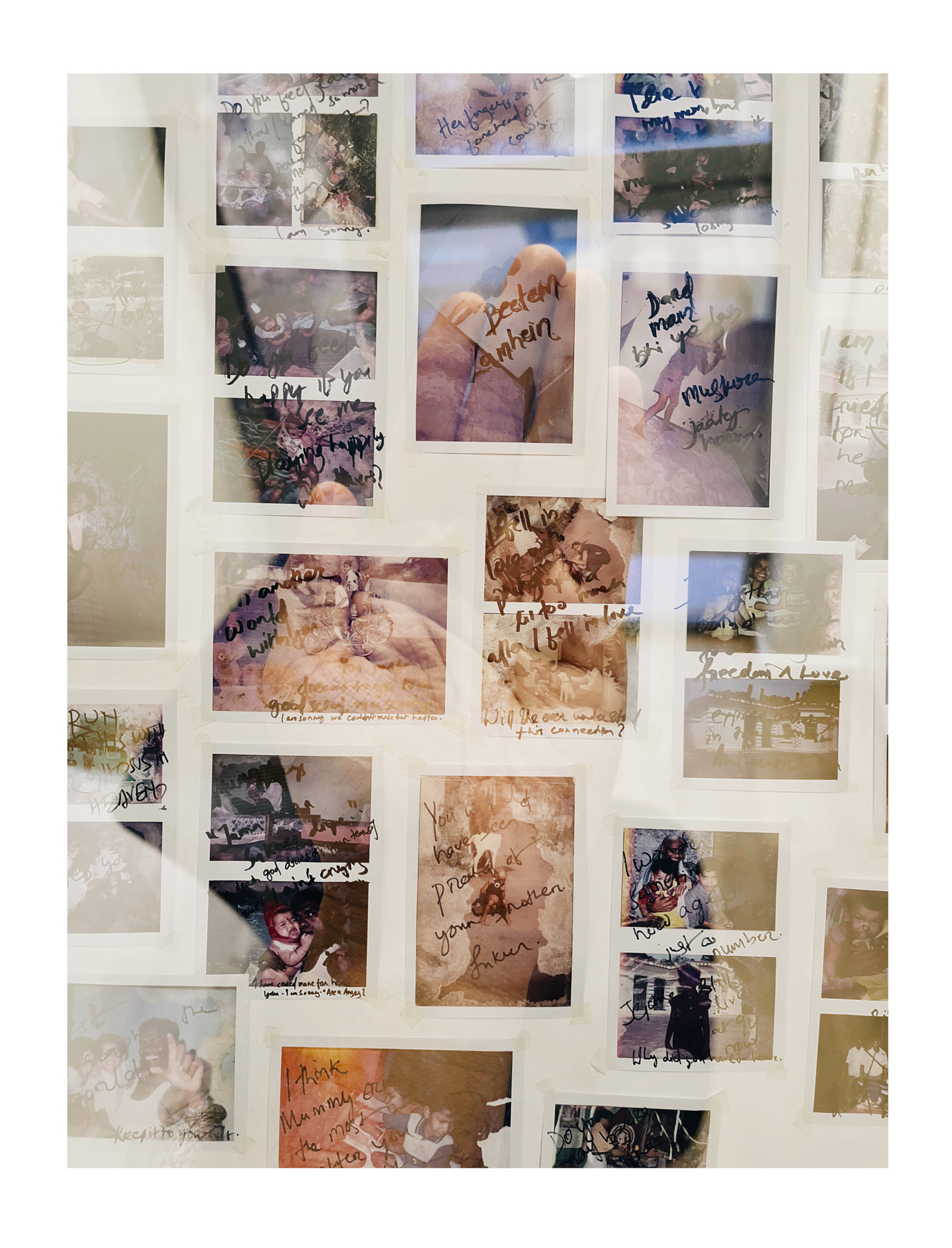 a set of photos on the wall with handwritten texts over them