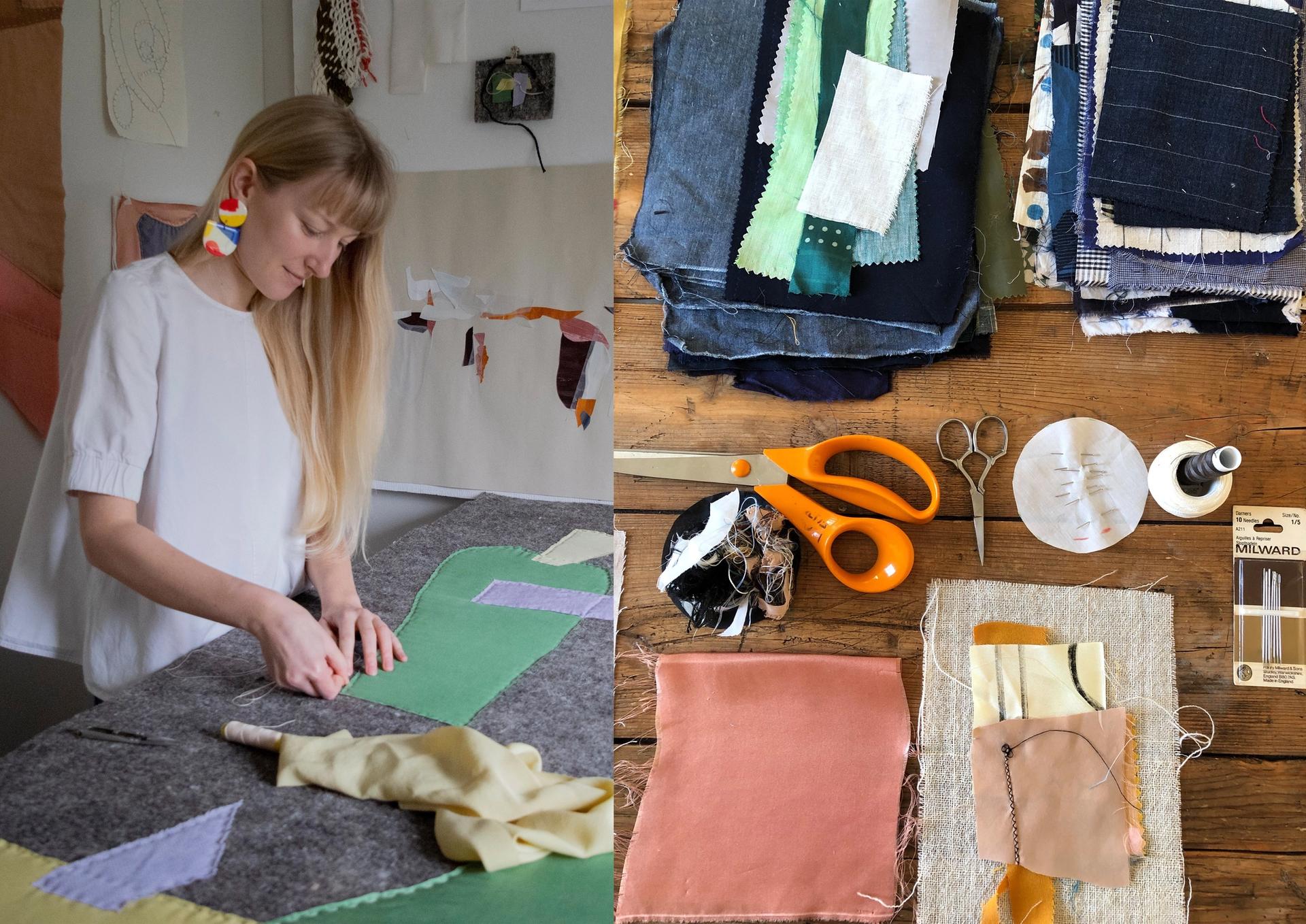 An image is plsit down the centre. On the left is a photograph of a young woman with long blonde hair, wearing a white t-shirt and colourful hanging earrings. She is stood at a textiles table pinning pieces of fabric together, she is concentrated in her work and looking down at it serenly. On the right is a photograhp taken from above of a wooden table with many scraps of fabric piled up tidily, in between the scraps of fabric are tools used for textiles, such as scissors, needles and thread.