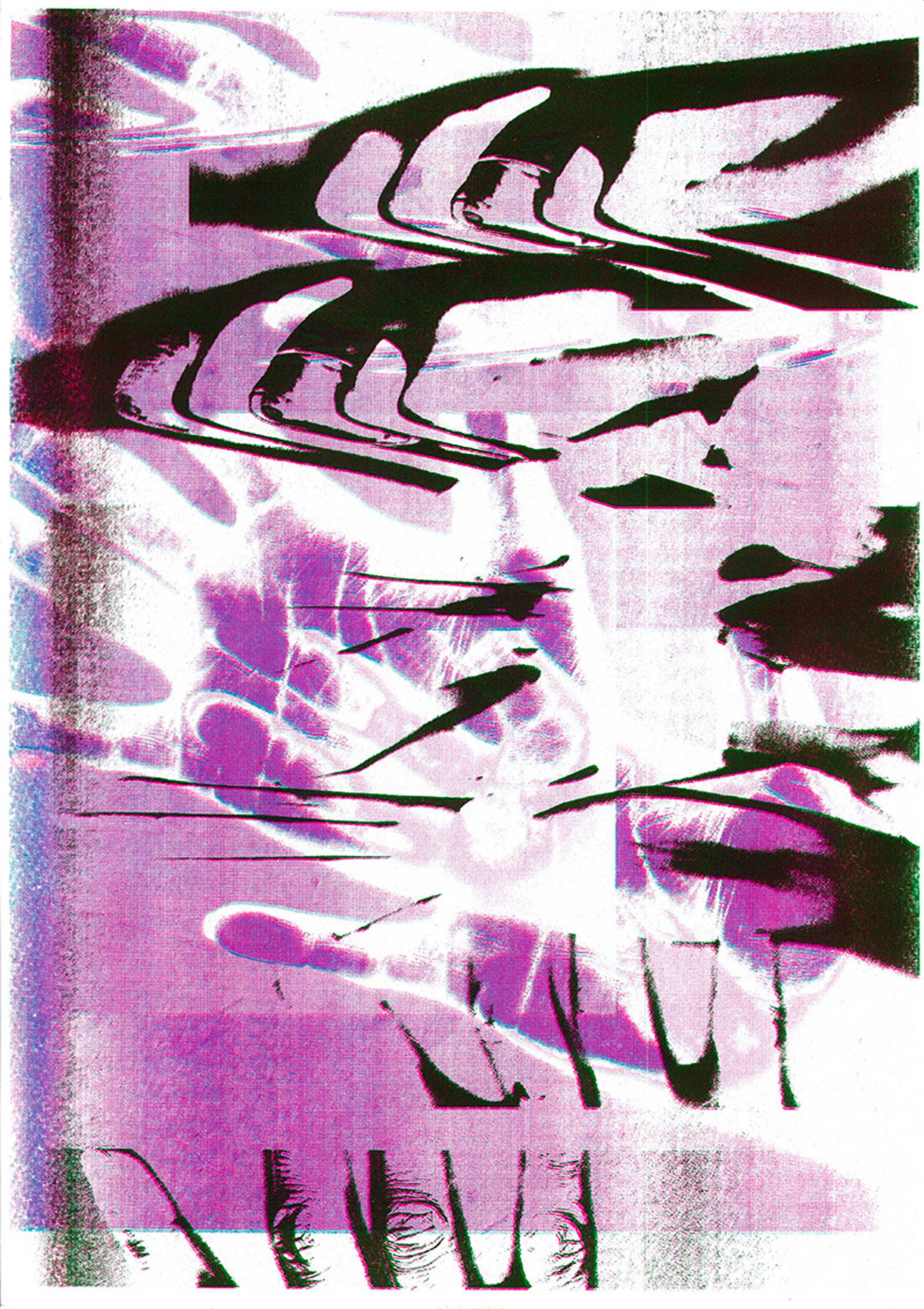 Glitching hands in green, black and white upon a purple background