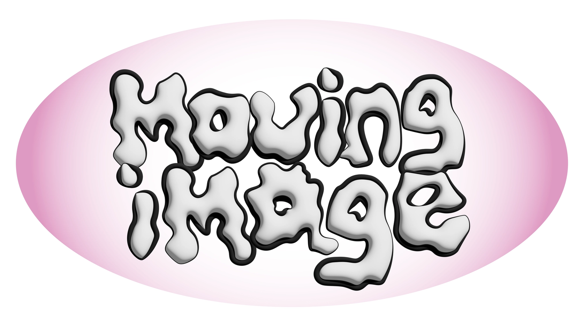 The words Moving Image in white with black outline, on an ombre pink oval background