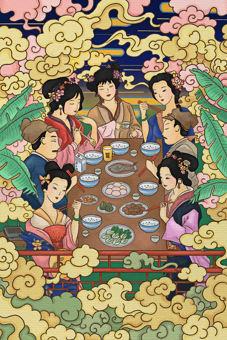 Illustration chinese painting people eating