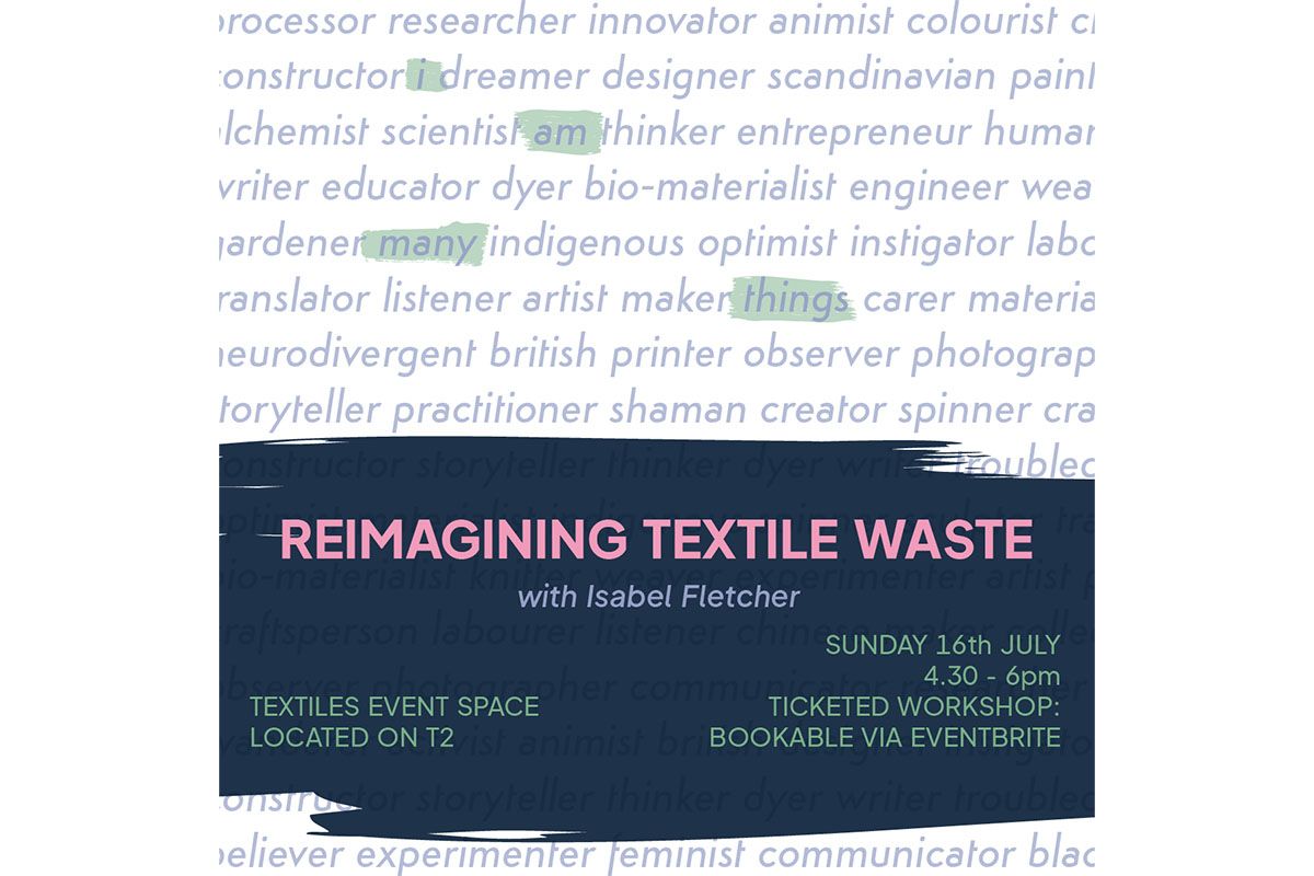 An image is plsit down the centre. On the left is a photograph of a young woman with long blonde hair, wearing a white t-shirt and colourful hanging earrings. She is stood at a textiles table pinning pieces of fabric together, she is concentrated in her work and looking down at it serenly. On the right is a photograhp taken from above of a wooden table with many scraps of fabric piled up tidily, in between the scraps of fabric are tools used for textiles, such as scissors, needles and thread.