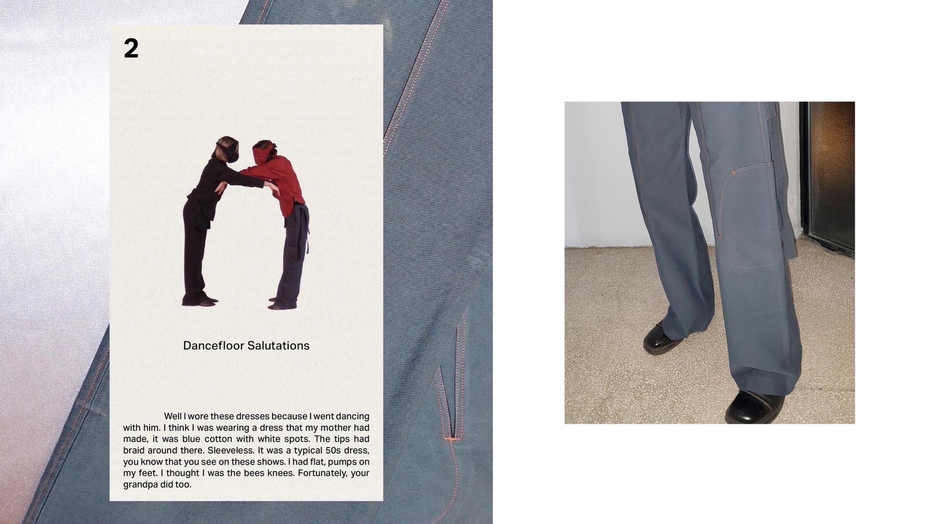 Photo montage of trousers and two people with eyemasks and intertwined arms, text below 'Dancefloor Salutations' and description of a woman's dress