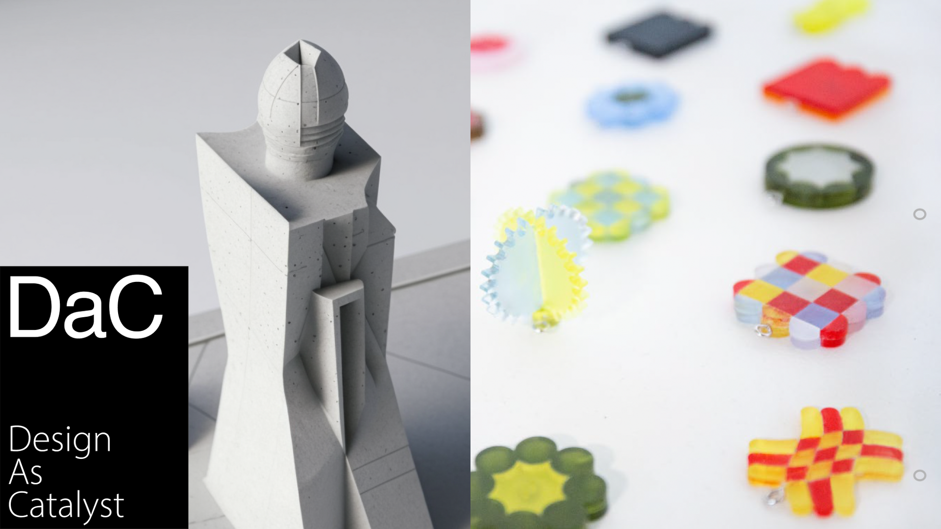 Imagery with two photographs side by side: a grey geometric tower object, and multiple colourful tiny plastic square and circle charms out of focus