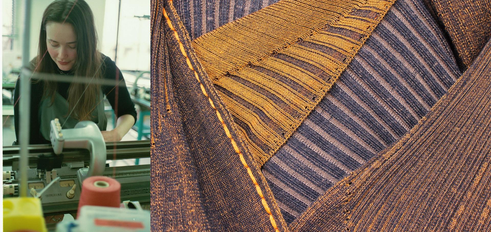 Photo montage of Zoë working in studio and some of their textiles