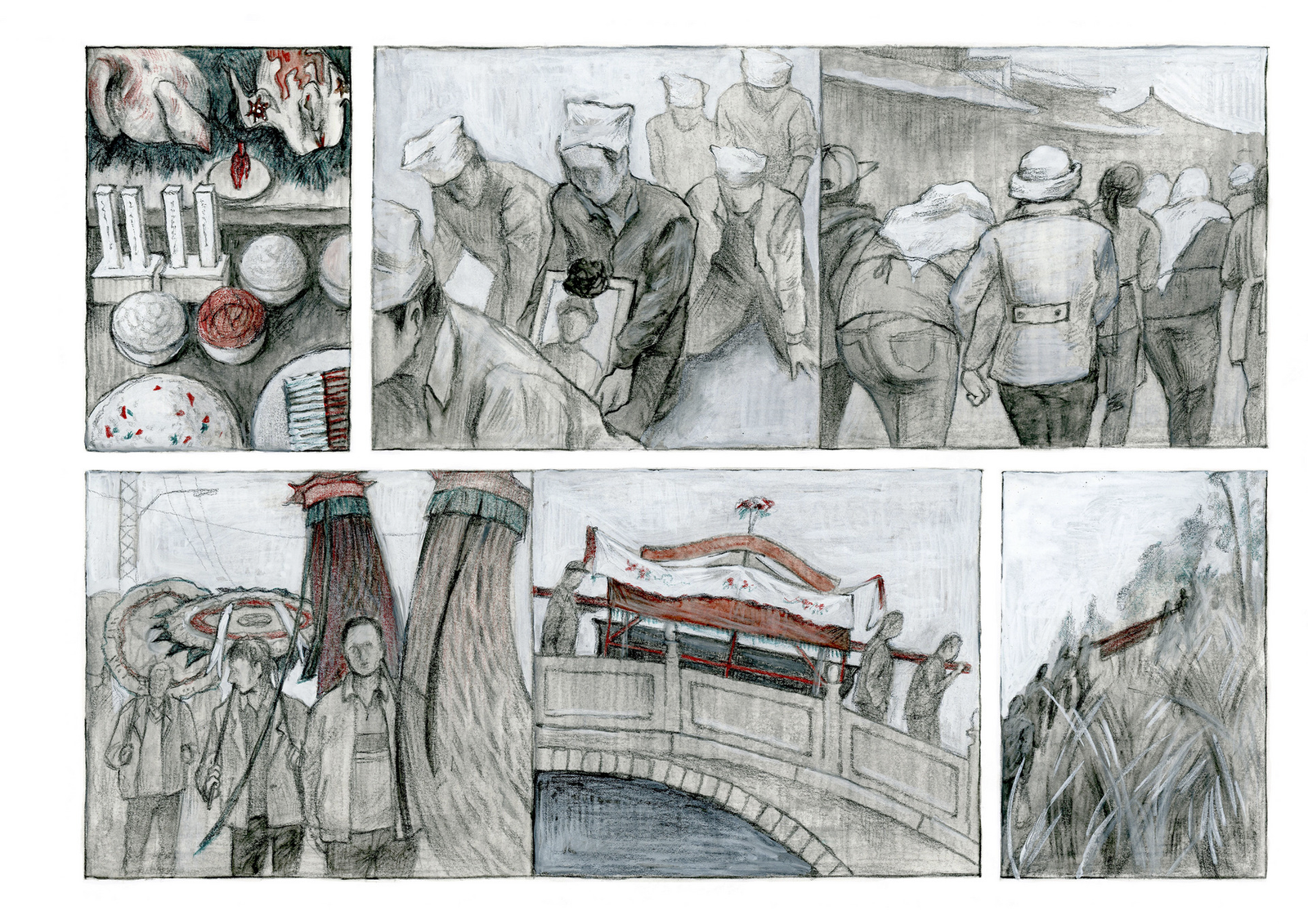 Multi-panel illustrations in grey tones which tell a story about a funeral ceromony of the Bai people.