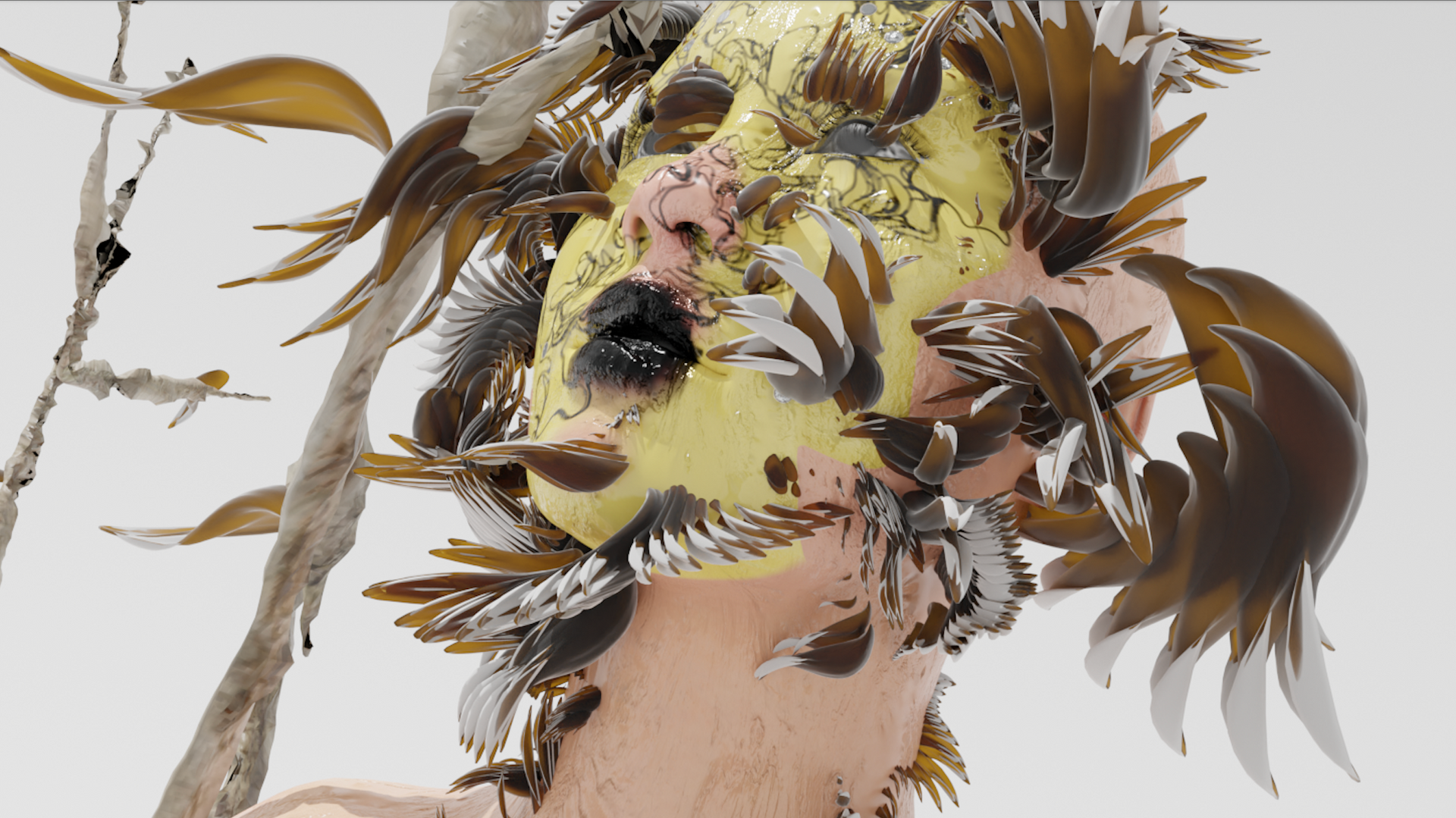 Digital image of female face, coloured yellow with black lips, digital bird feathers attached and floating away