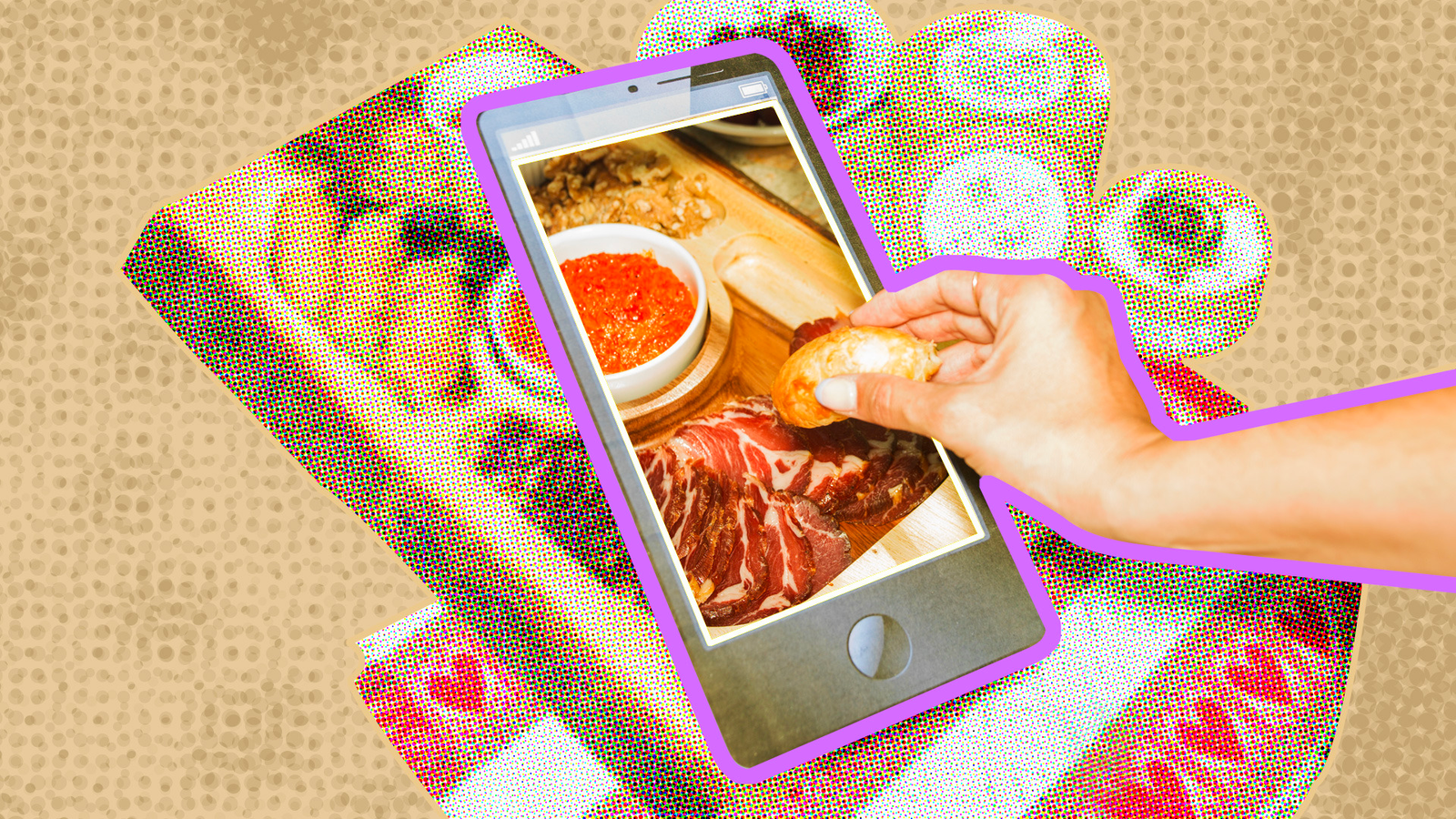 Hero image showing hand reaching through phone to sample food from another dimension