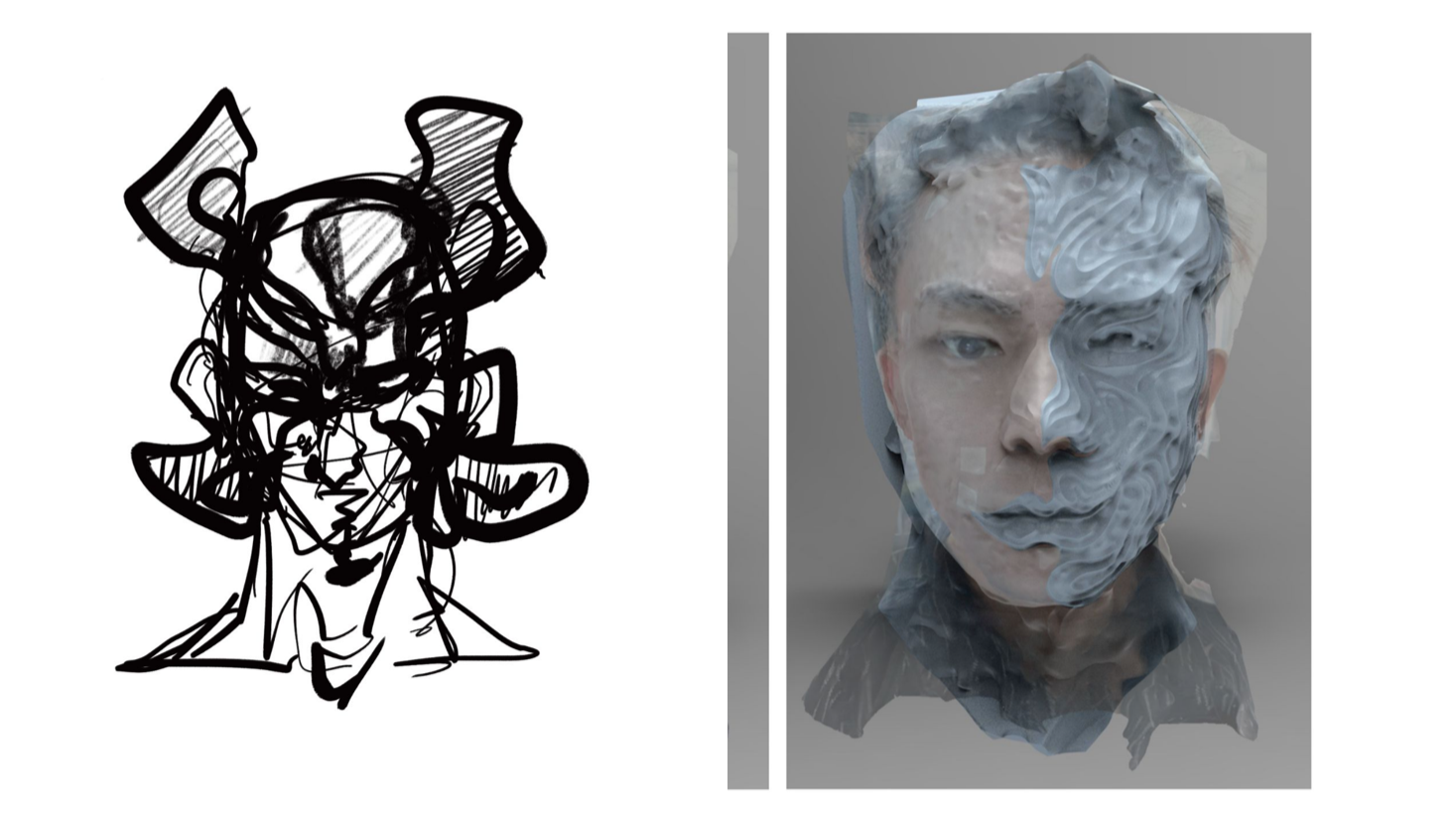 Two images side by side: one black on white chaotic sketch of a face, one superimposed image of blue swirl design on a human male face