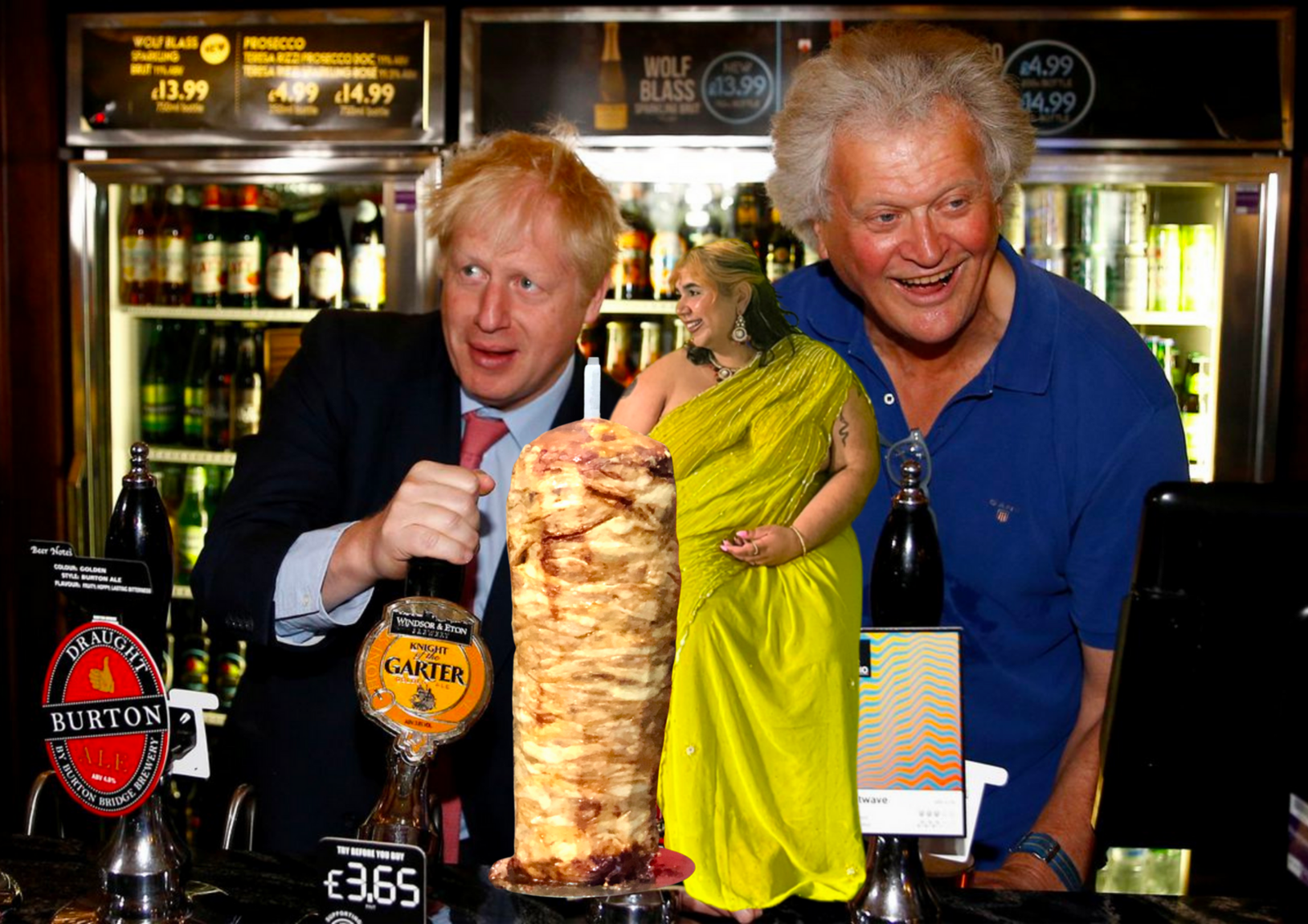 photoshopped brown woman in sari with kebab next to Boris Johnson and Mr Wetherspoons pulling a pint