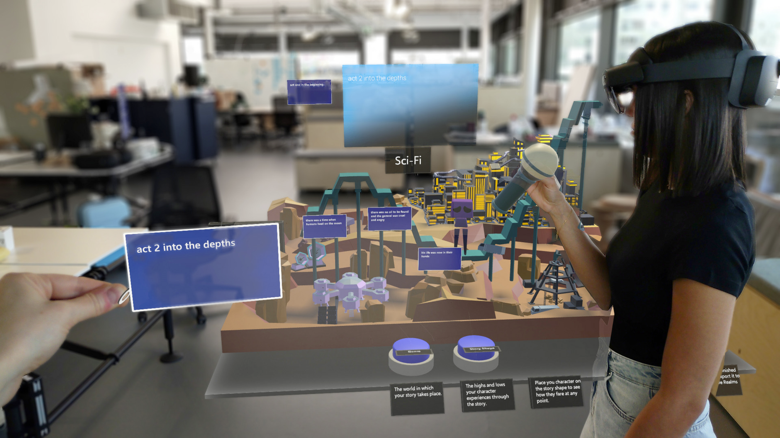 A woman holding a digital microphone. POV directly from a HoloLens. Holding a card that reads "Act 2: Into the depths".