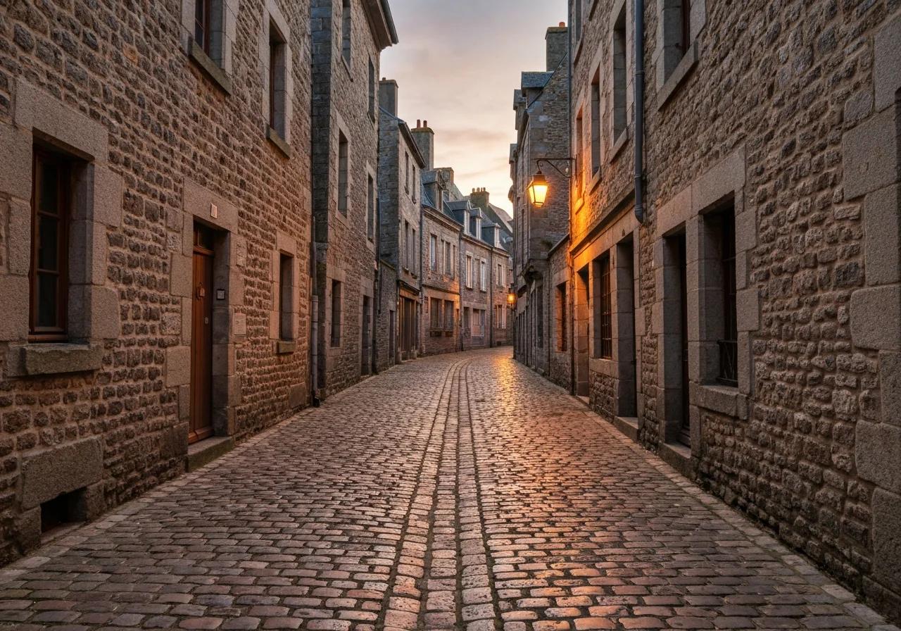 Ruelle médiévale vide du Mont-Saint-Michel tôt le matin, lanternes allumées, pierres anciennes, Normandie