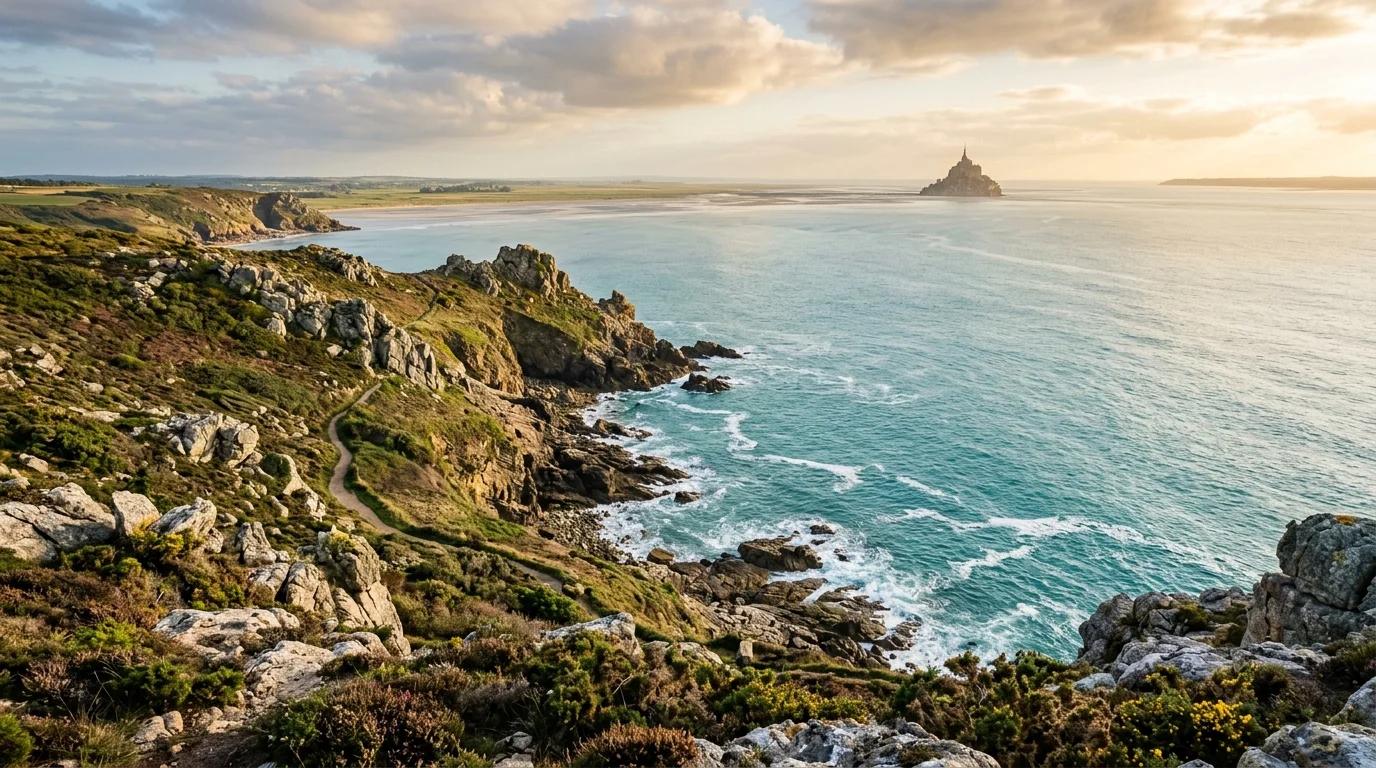 Vue panoramique depuis la Pointe du Grouin vers la baie et le Mont-Saint-Michel à l'horizon, côte d'Émeraude, Bretagne
