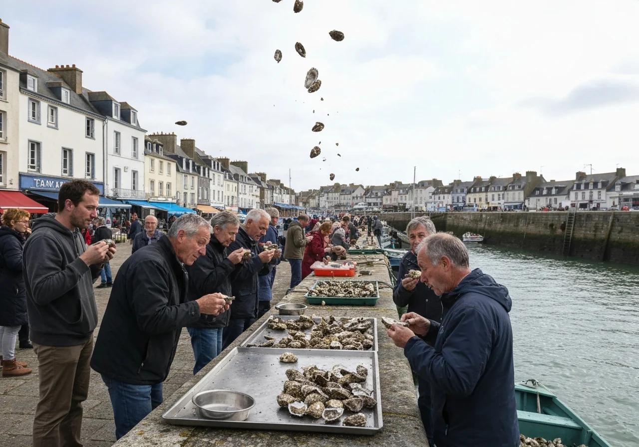 Dégustation d'huîtres plates de Cancale debout sur le quai de la Houle, tradition bretonne, Bretagne