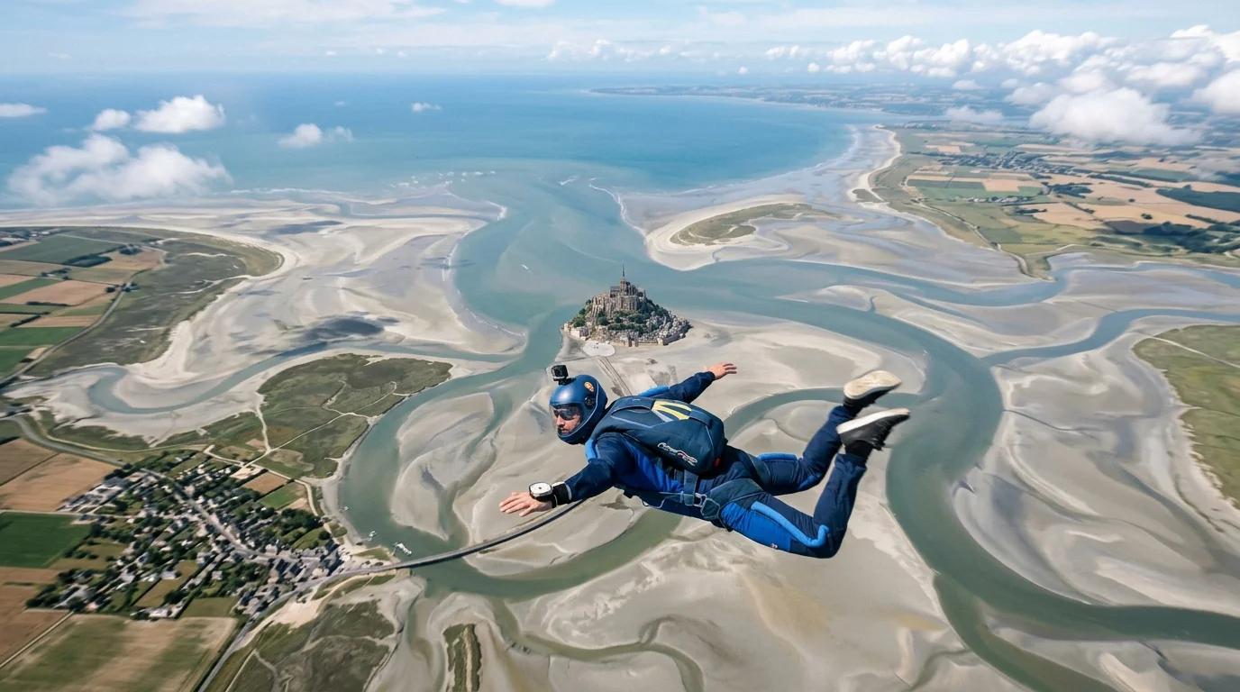 Vue aérienne en chute libre au-dessus du Mont-Saint-Michel, la baie et ses chenaux en contrebas