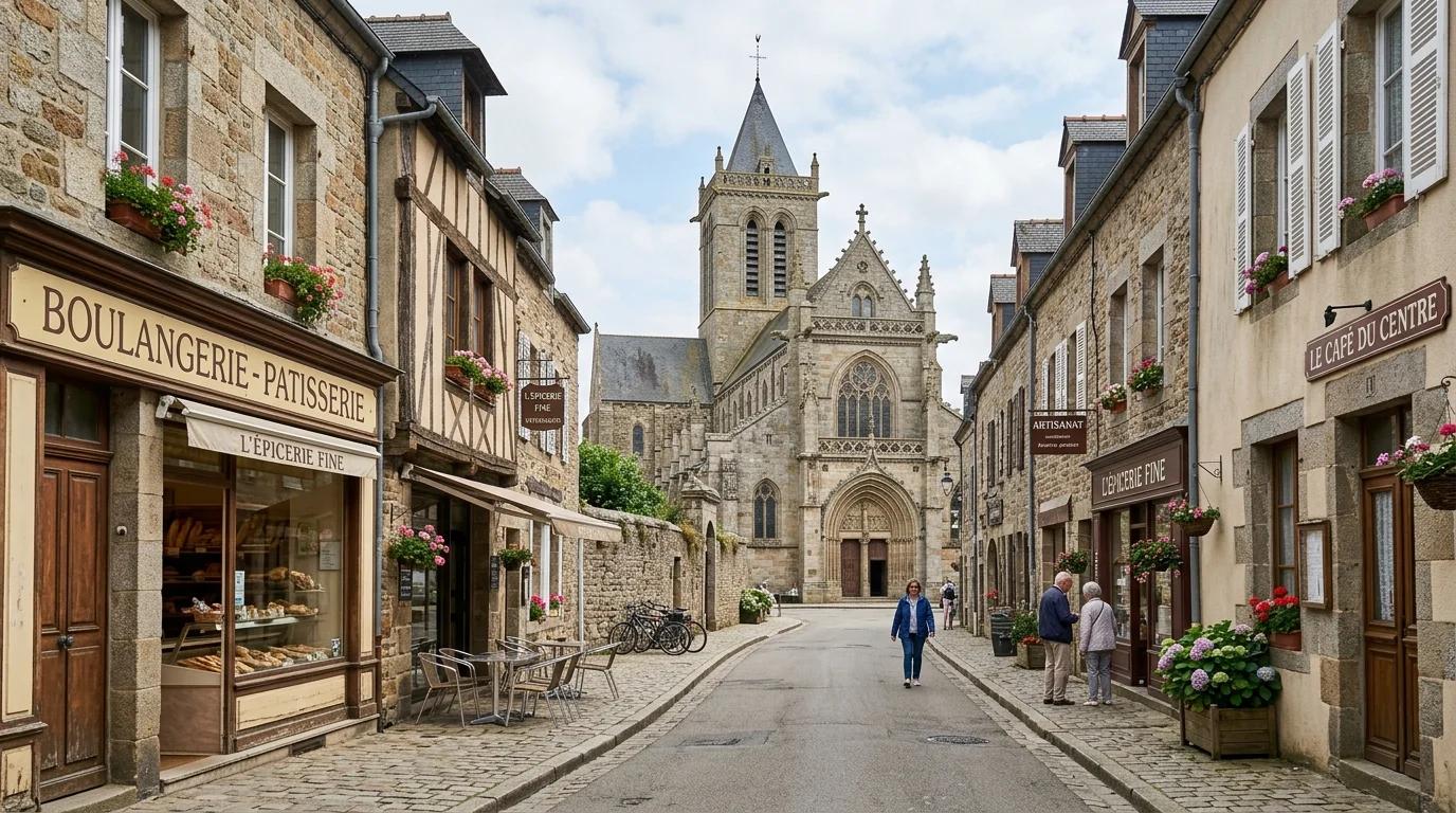 Église Notre-Dame et rue principale de Pontorson, étape vers le Mont-Saint-Michel