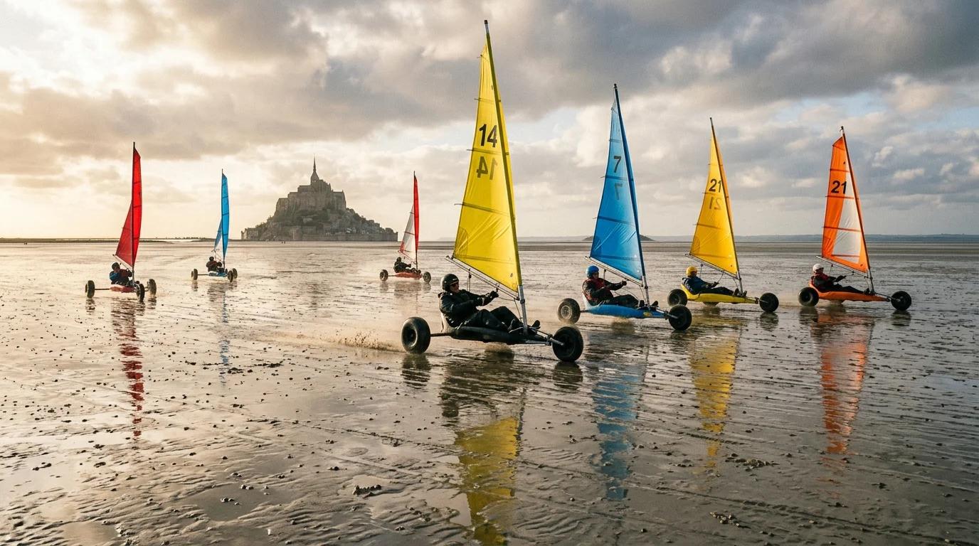 Chars à voile filant sur l'estran de Cherrueix à marée basse, baie du Mont-Saint-Michel