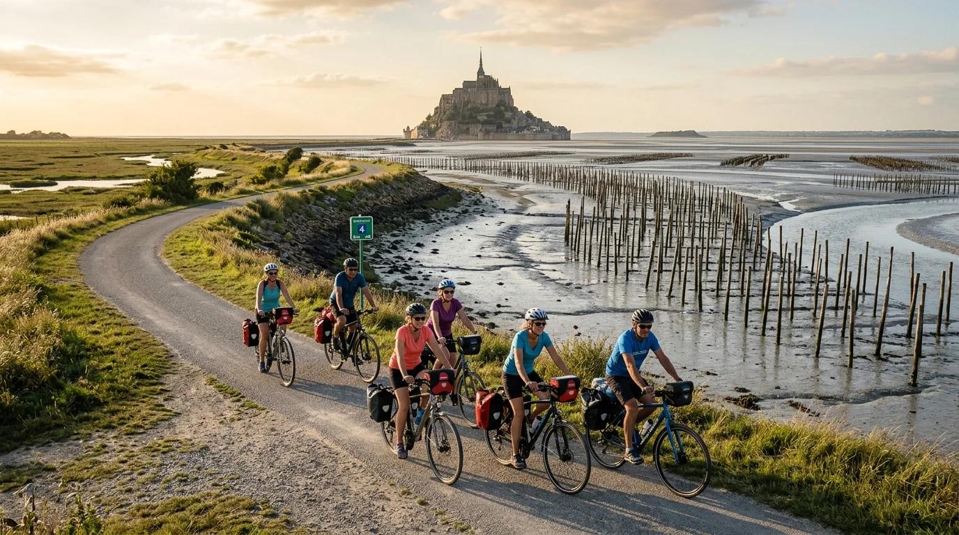 Groupe de cyclistes sur la Velomaritime pres des bouchots avec le Mont-Saint-Michel