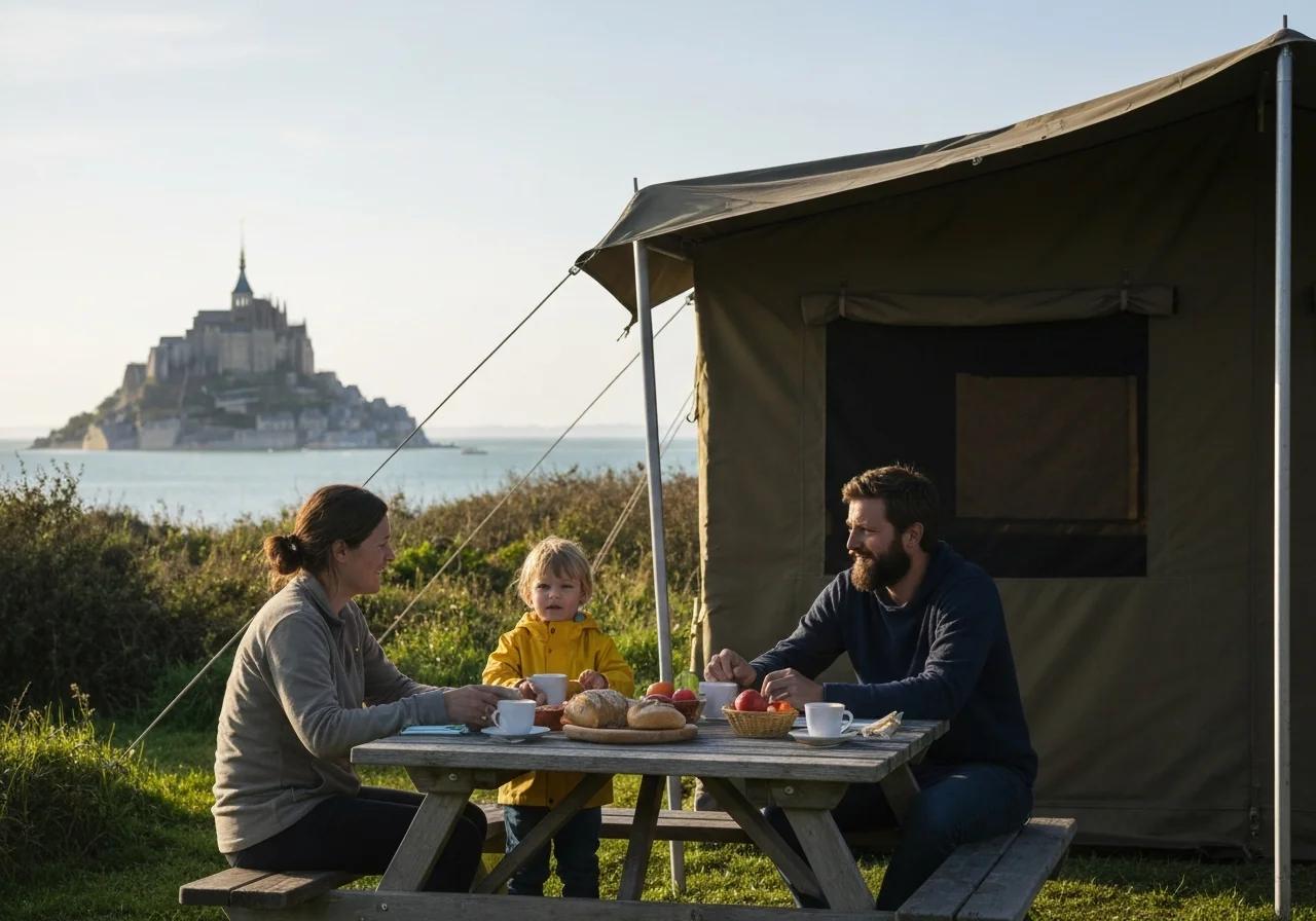 Famille prenant le petit-déjeuner dehors devant leur tente avec vue sur la Baie du Mont-Saint-Michel, Normandie