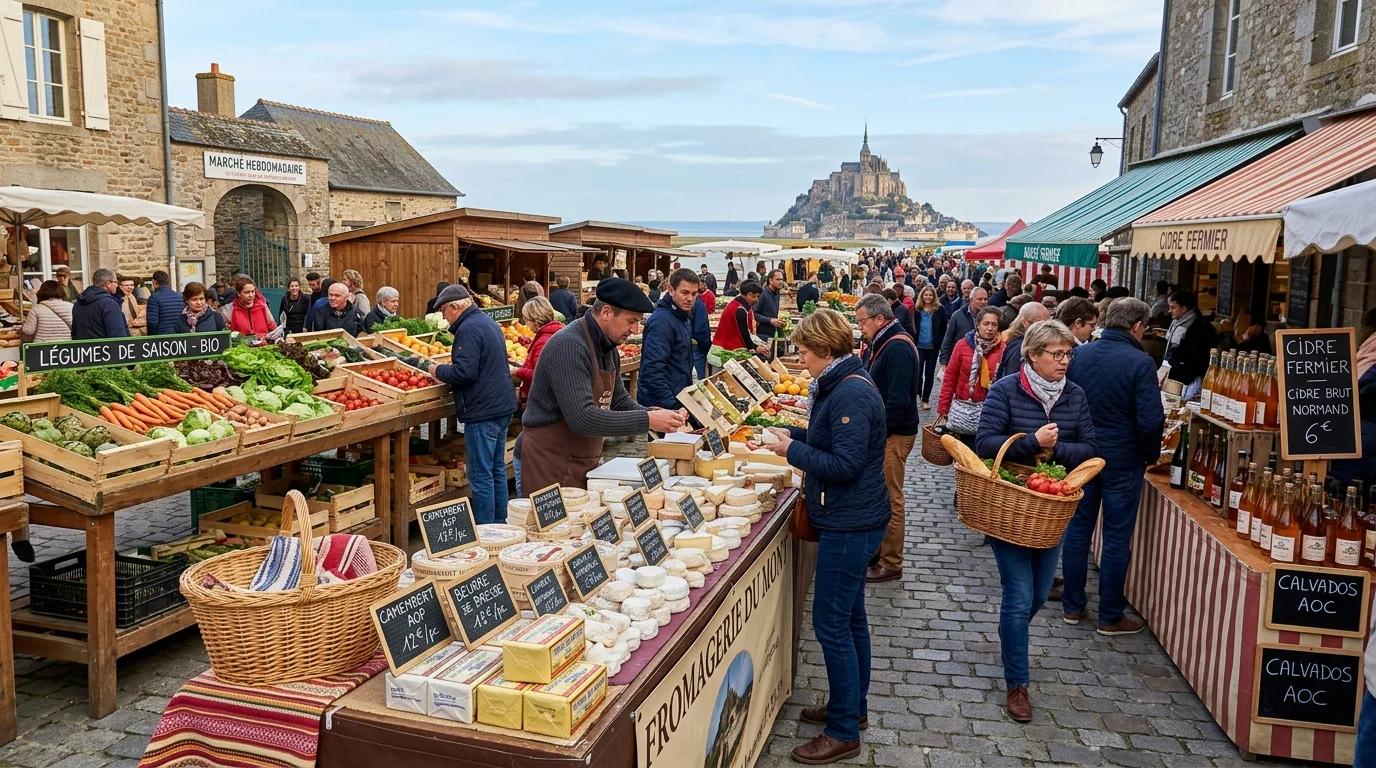 Marche normand avec fromages et cidres, Mont-Saint-Michel en arriere-plan
