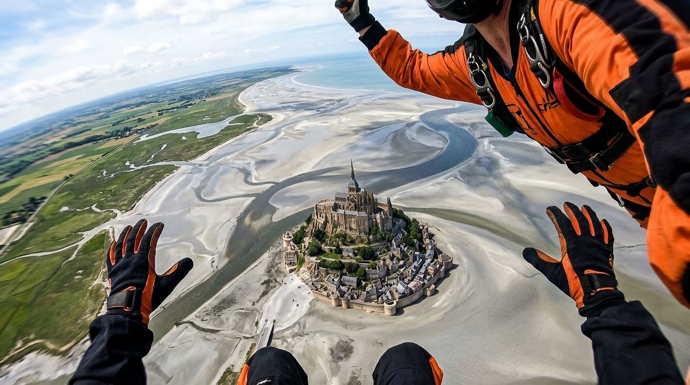 Point de vue du parachutiste en chute libre regardant le Mont-Saint-Michel en contrebas