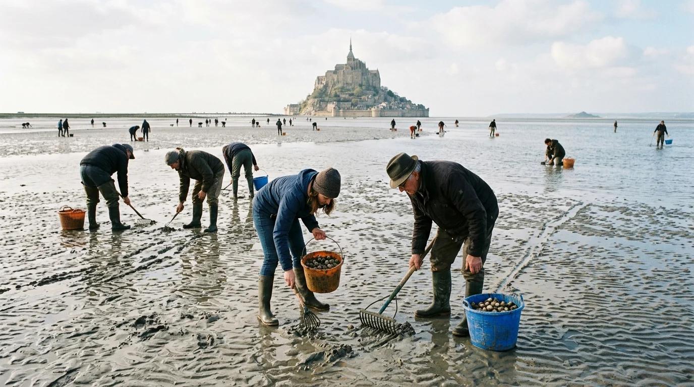 Pêcheurs à pied récoltant des coques sur l'estran de la baie du Mont-Saint-Michel à marée basse