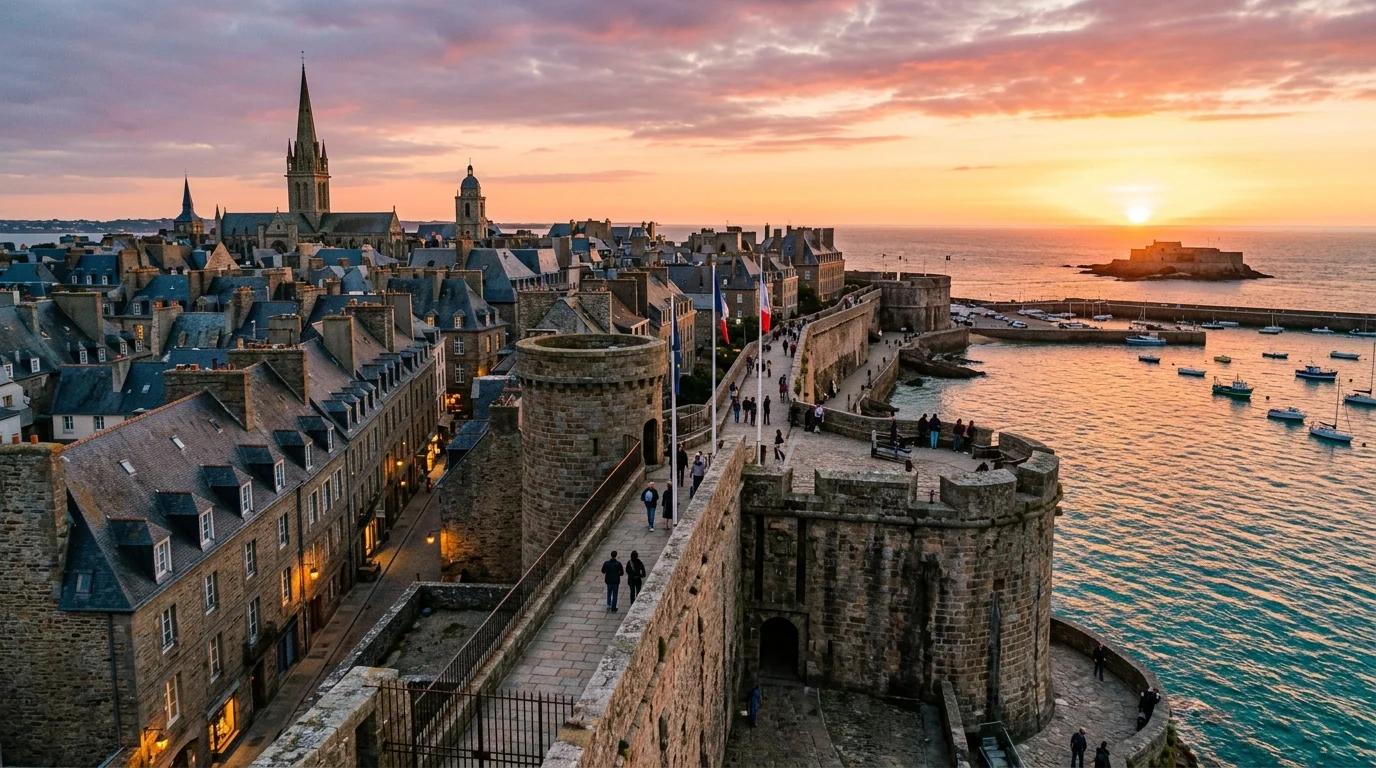 Les remparts de Saint-Malo au coucher du soleil avec vue sur la cité corsaire et la mer