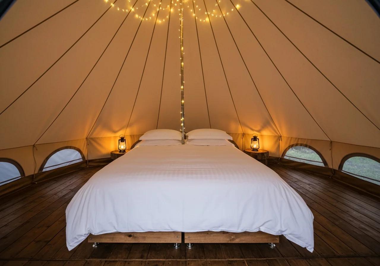 Intérieur cosy d'une tente de glamping avec lit double, décoration rustique-chic et guirlandes lumineuses