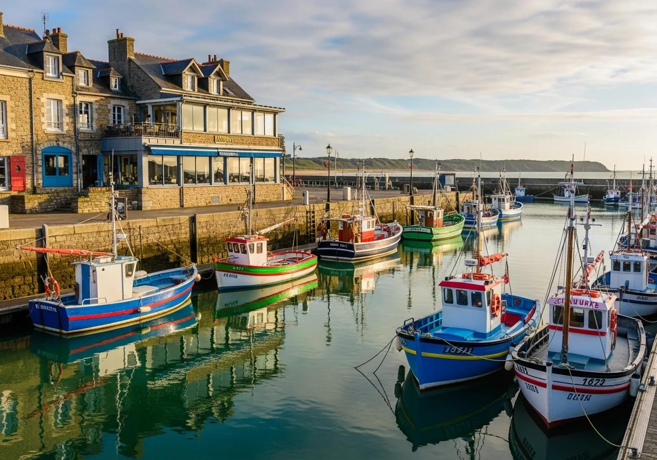 Port de Granville avec bateaux de pêche et restaurant de fruits de mer en bord de quai, Normandie