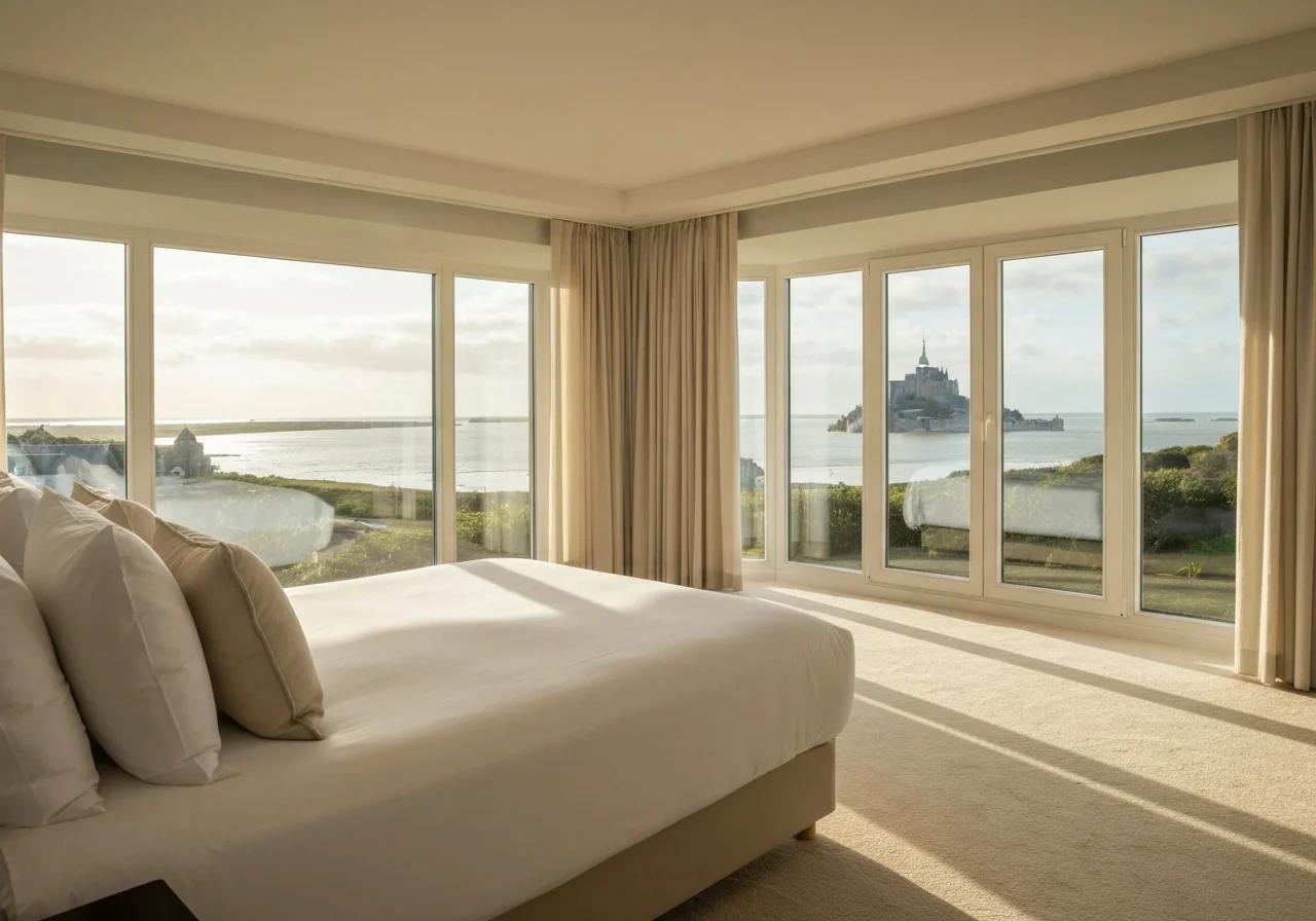 Chambre d'hôtel avec grandes fenêtres panoramiques donnant sur la Baie du Mont-Saint-Michel, Normandie