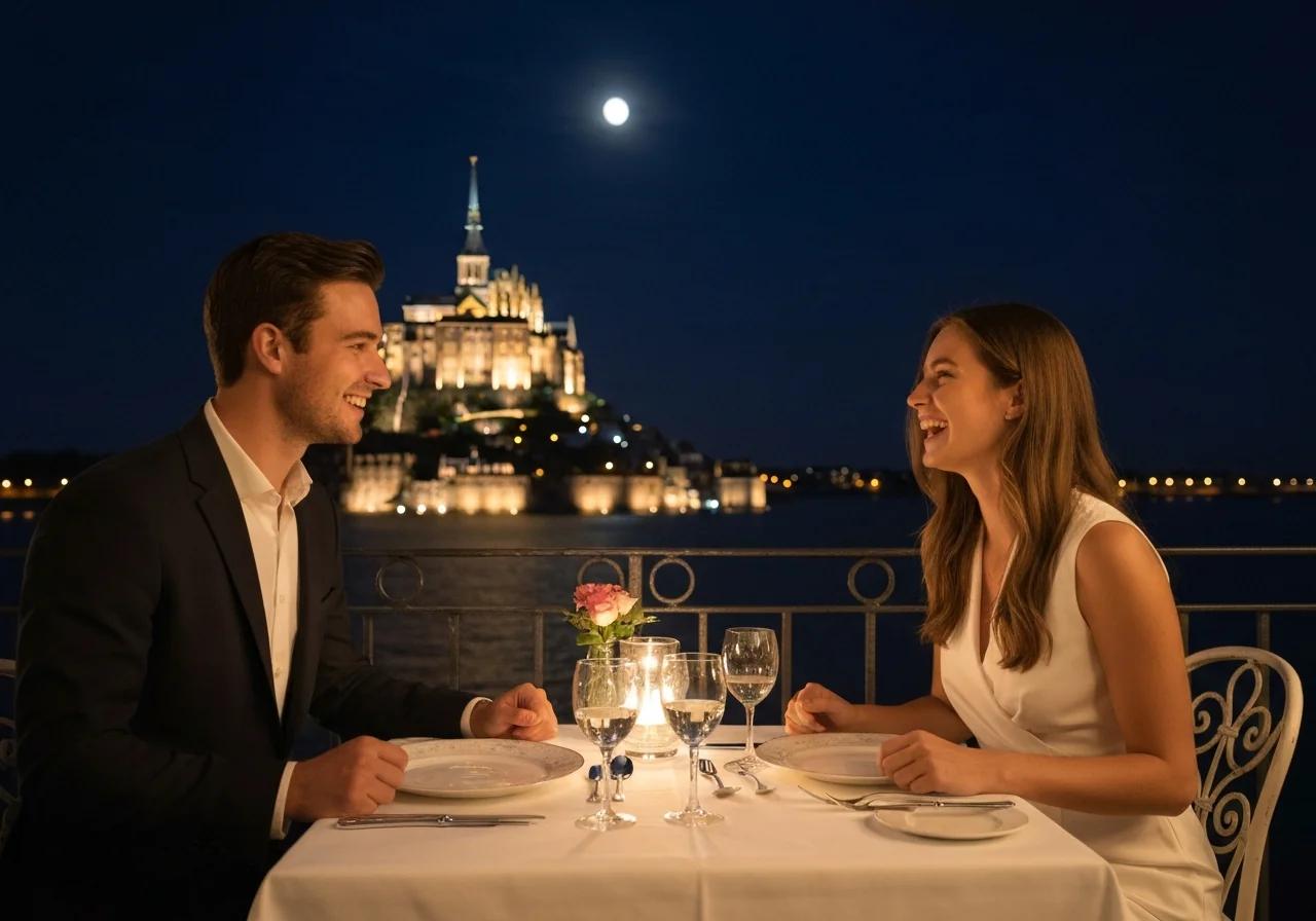 Couple dînant en terrasse avec vue sur le Mont-Saint-Michel illuminé la nuit, atmosphère romantique, Normandie