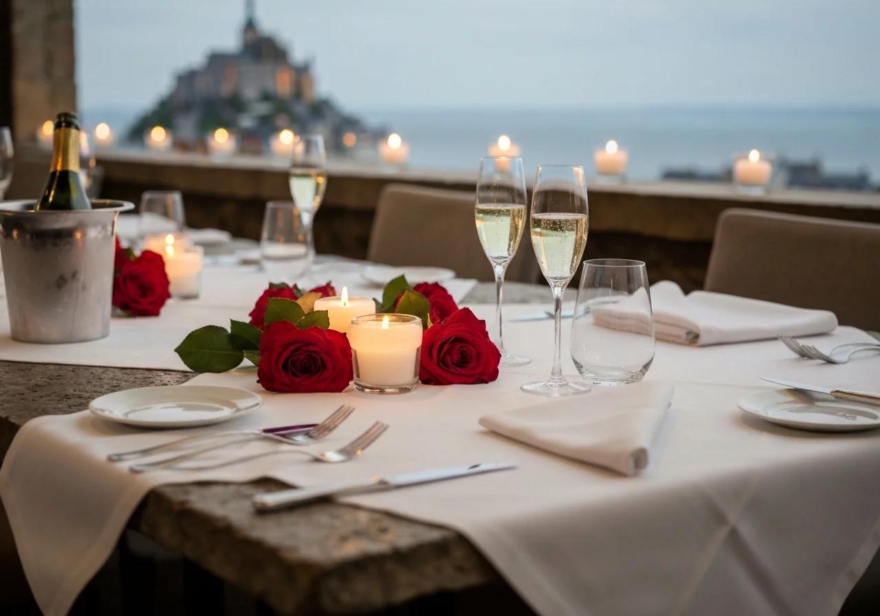 Table romantique avec bougies, roses rouges et coupes de champagne dans un restaurant du Mont-Saint-Michel
