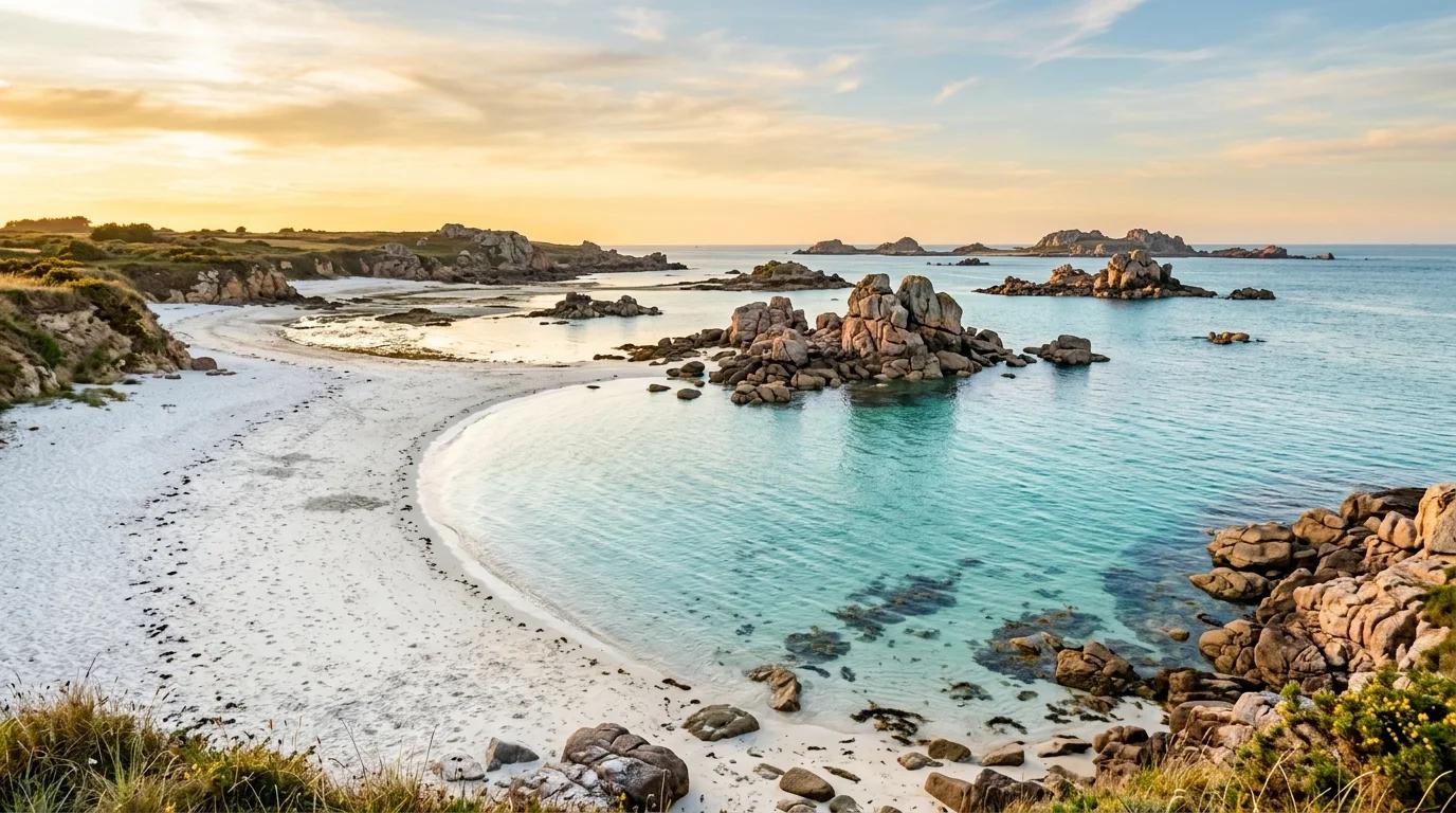 Plage sauvage de l ile de Chausey au coucher du soleil, rochers de granit