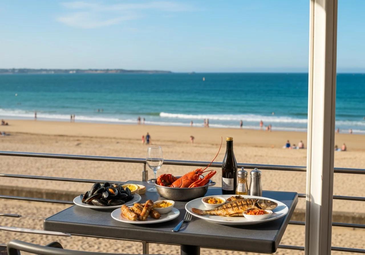 Grande Plage du Sillon de Saint-Malo vue depuis une terrasse de restaurant en bord de plage, Bretagne