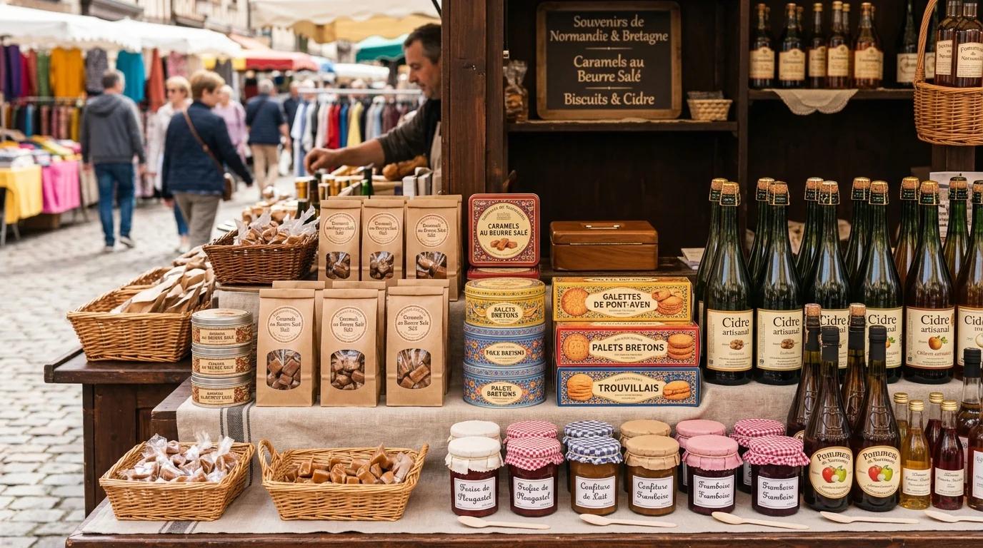 Étal de souvenirs gourmands : caramels au beurre salé, biscuits bretons et cidre normand