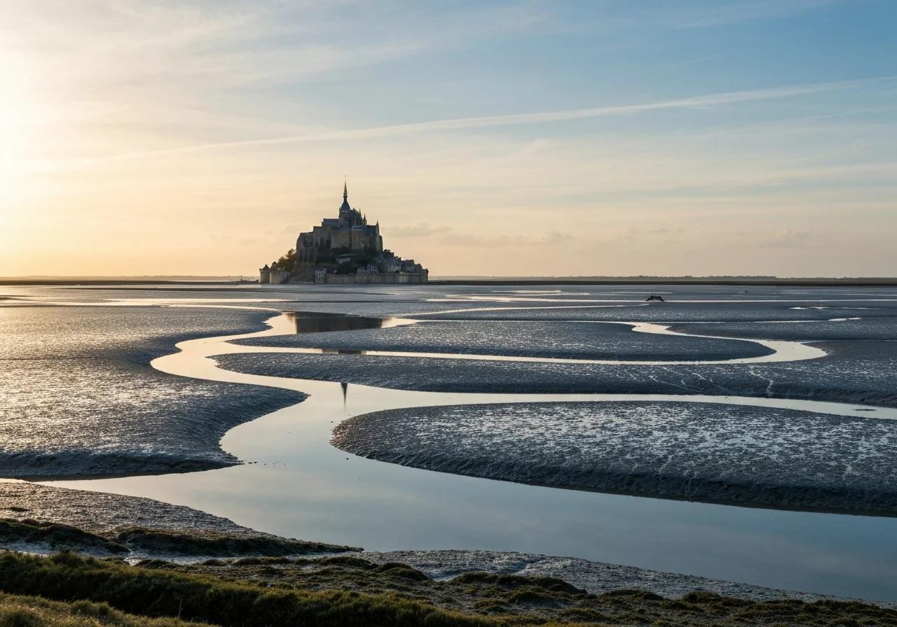 Vaste panorama de la Baie du Mont-Saint-Michel avec les grèves et les chenaux de marée, Normandie