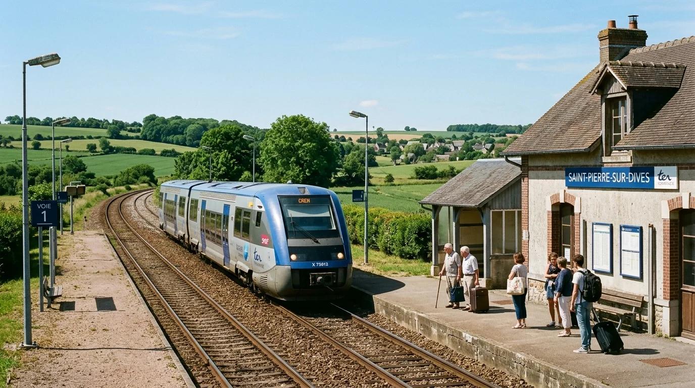 Train TER normand arrivant en gare, option transport pour rejoindre le Mont-Saint-Michel