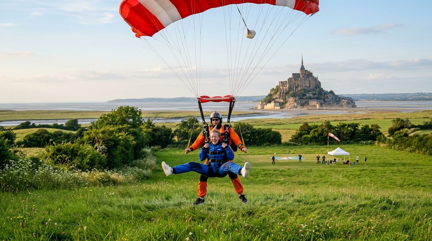Atterrissage en tandem dans un pré avec le Mont-Saint-Michel visible en arrière-plan