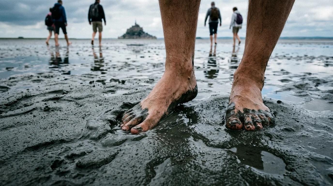 Pieds nus dans la vase de la baie du Mont-Saint-Michel lors d'une traversée guidée